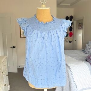 Loft Sky Blue Eyelet Sleeveless Flutter sleeve top Size Small smocked